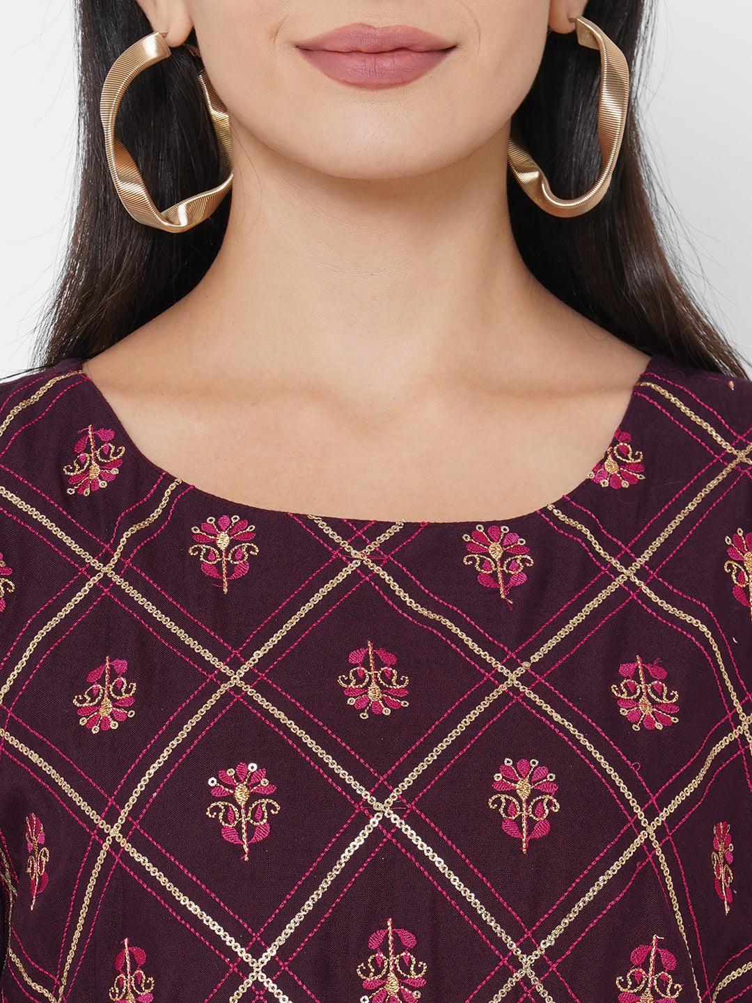 Ethnic & Floral Mix Embroidered A-Line Maxi Dress - Burgundy - Indiakreations