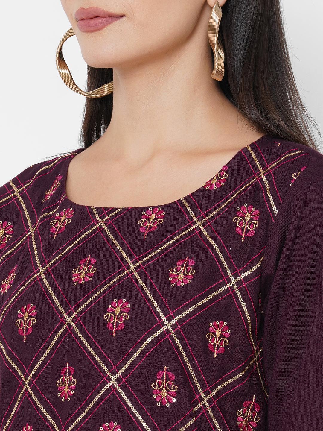 Ethnic & Floral Mix Embroidered A-Line Maxi Dress - Burgundy - Indiakreations