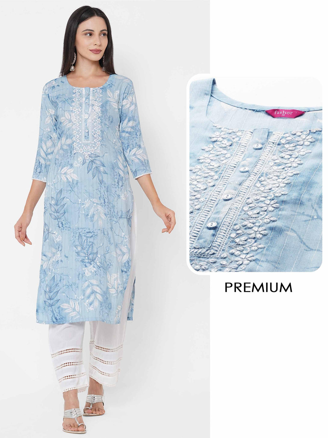 Leaf Printed & Floral Embroidered Lurex Kurta - Powder Blue - Indiakreations