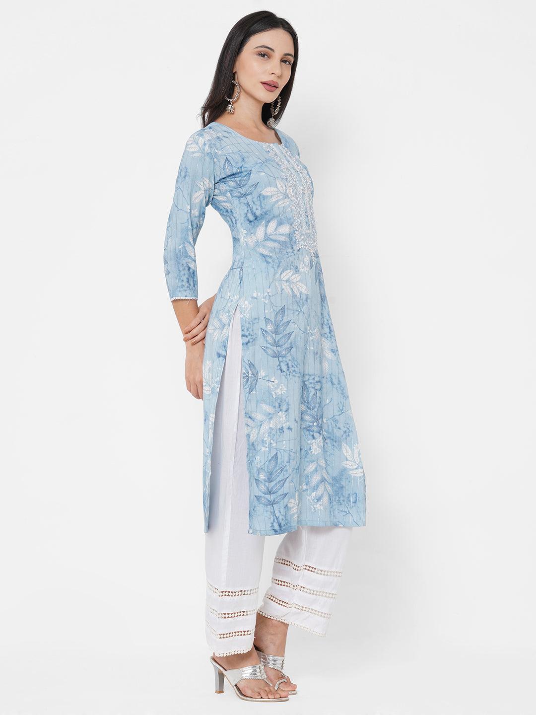 Leaf Printed & Floral Embroidered Lurex Kurta - Powder Blue - Indiakreations