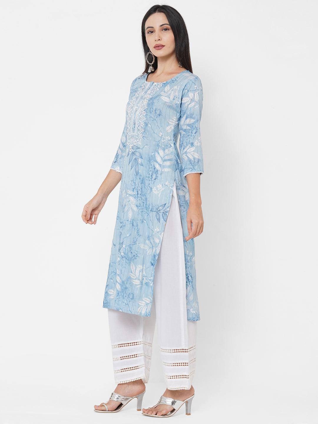 Leaf Printed & Floral Embroidered Lurex Kurta - Powder Blue - Indiakreations