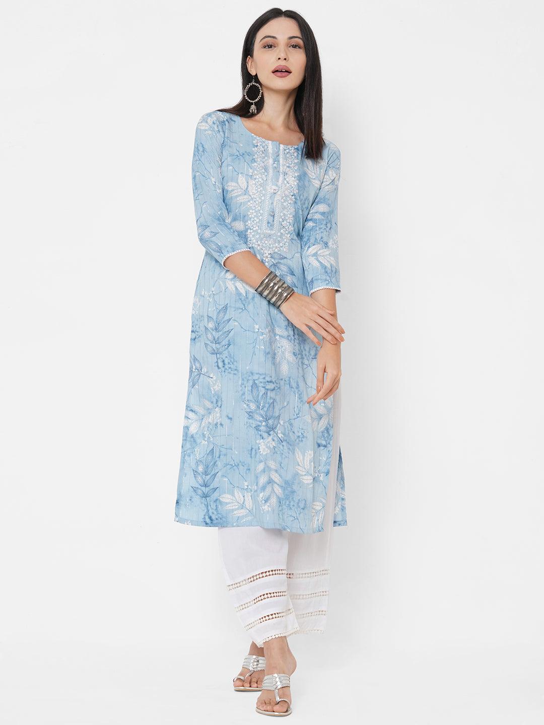 Leaf Printed & Floral Embroidered Lurex Kurta - Powder Blue - Indiakreations