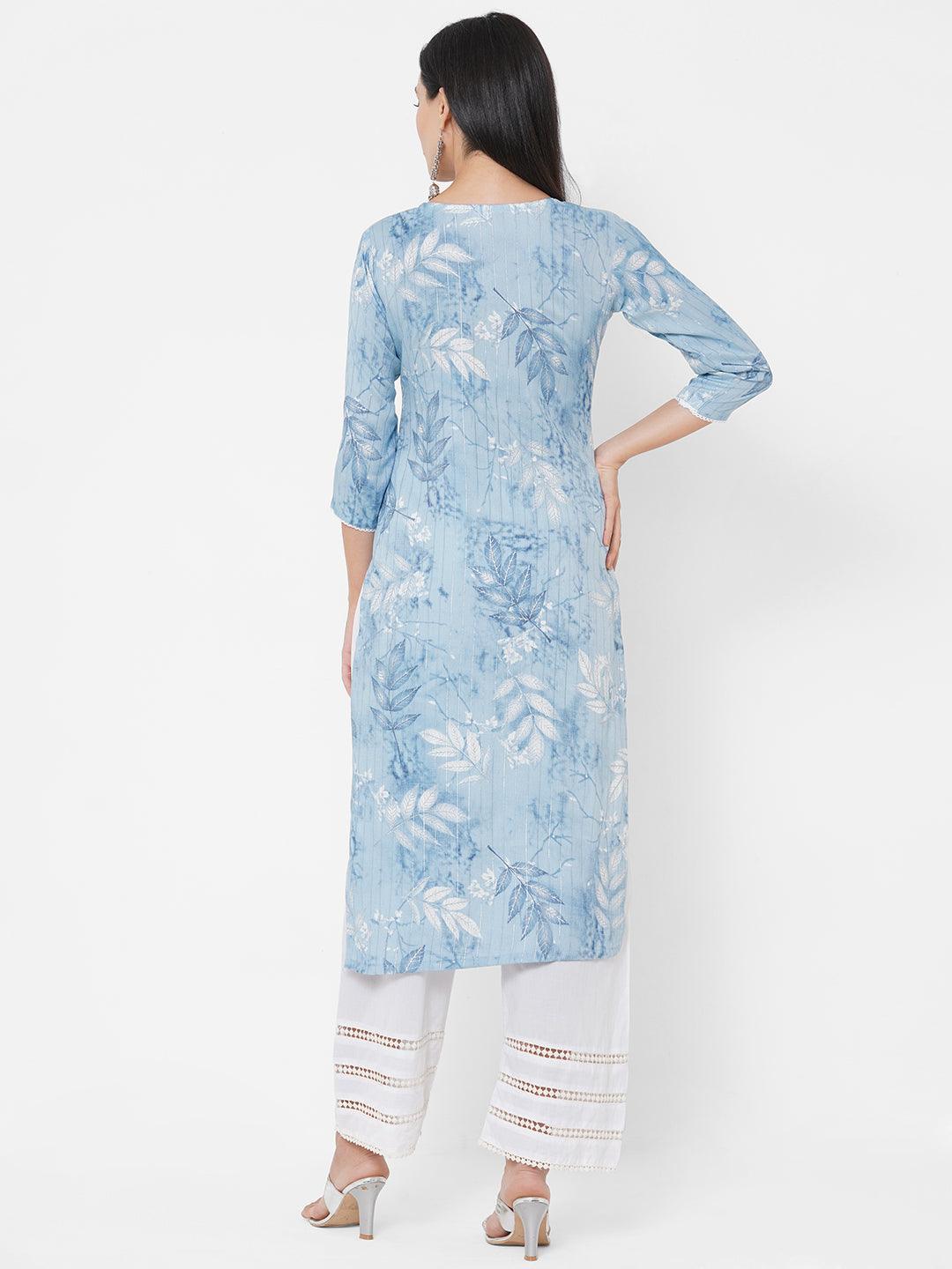 Leaf Printed & Floral Embroidered Lurex Kurta - Powder Blue - Indiakreations