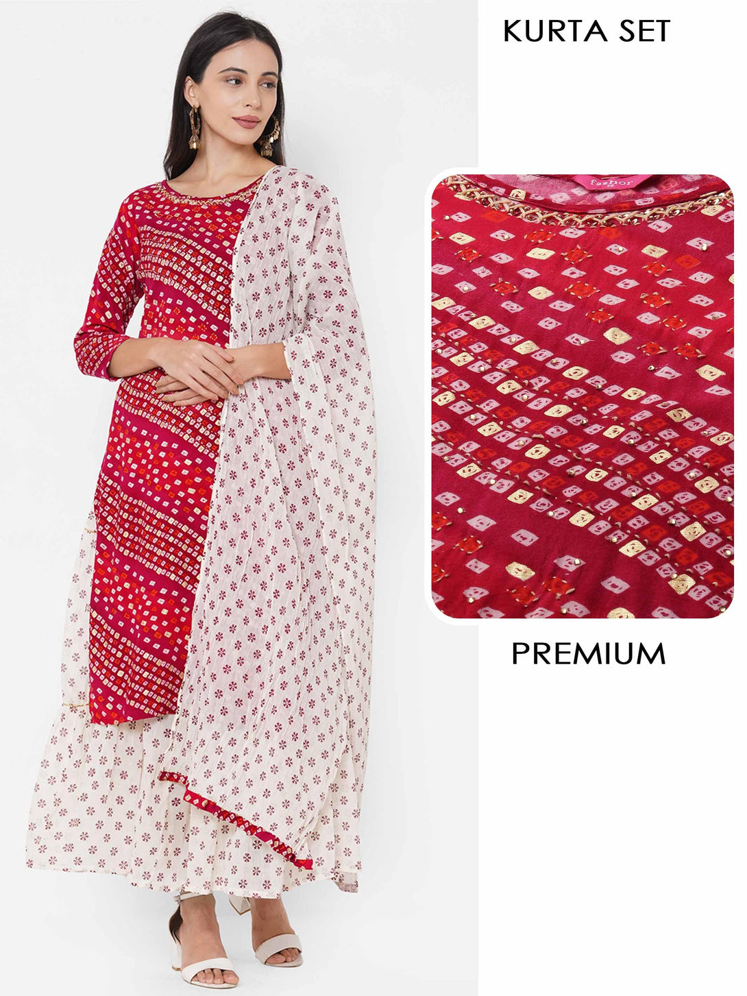 Bandhani Printed & Embroidered Kurta with Ethnic Printed Skirt & Ethnic Printed Dupatta - Carmine Red - Indiakreations