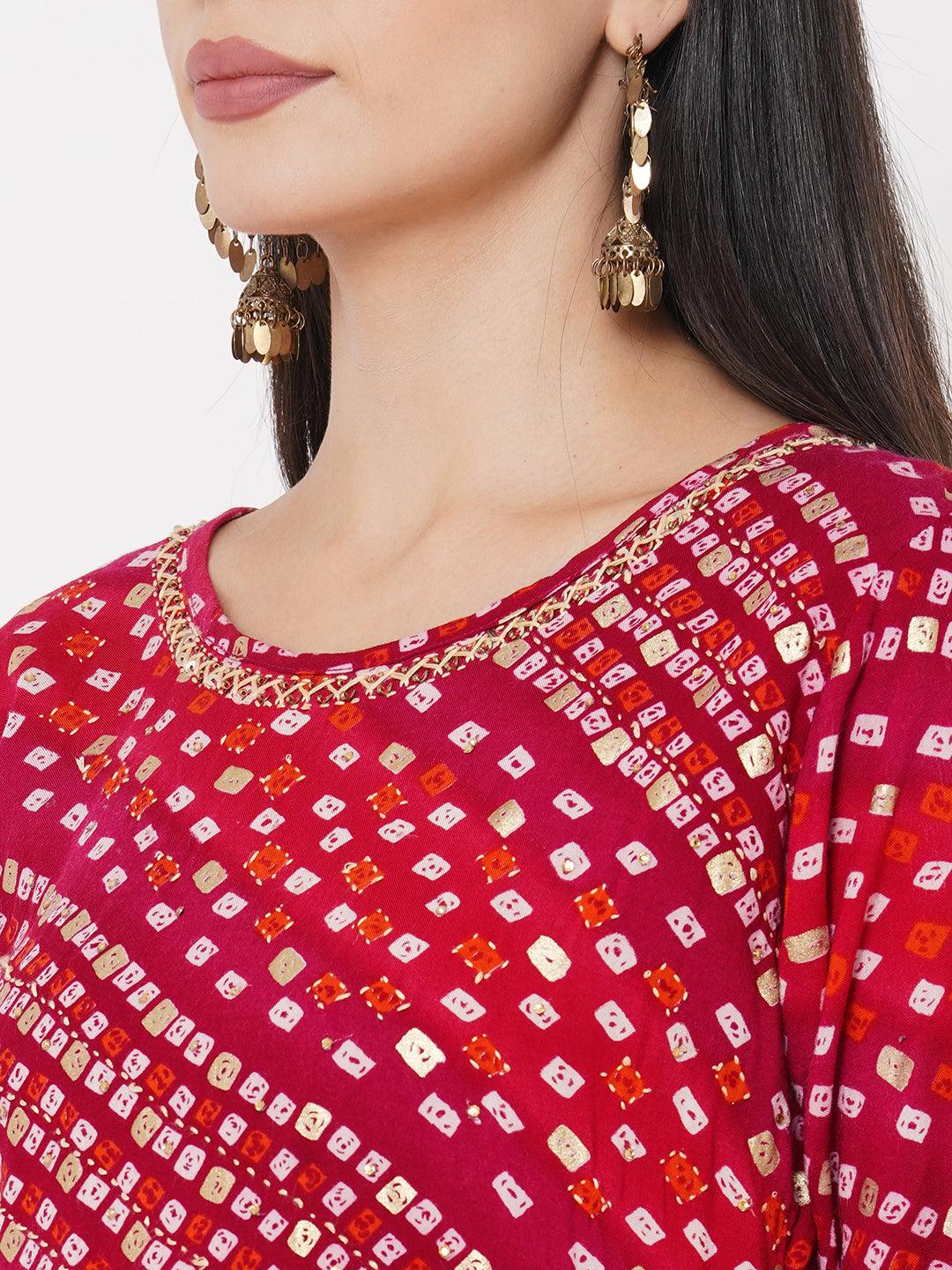 Bandhani Printed & Embroidered Kurta with Ethnic Printed Skirt & Ethnic Printed Dupatta - Carmine Red - Indiakreations