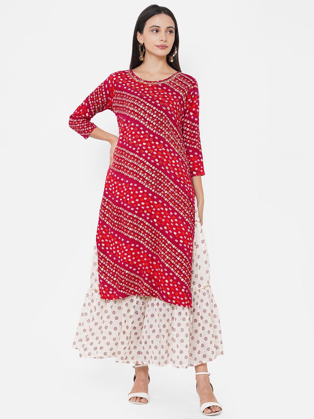 Bandhani Printed & Embroidered Kurta with Ethnic Printed Skirt & Ethnic Printed Dupatta - Carmine Red - Indiakreations