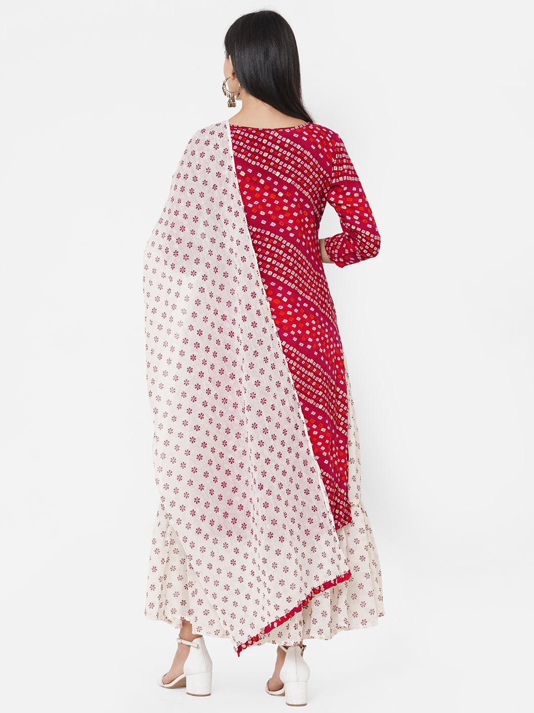 Bandhani Printed & Embroidered Kurta with Ethnic Printed Skirt & Ethnic Printed Dupatta - Carmine Red - Indiakreations