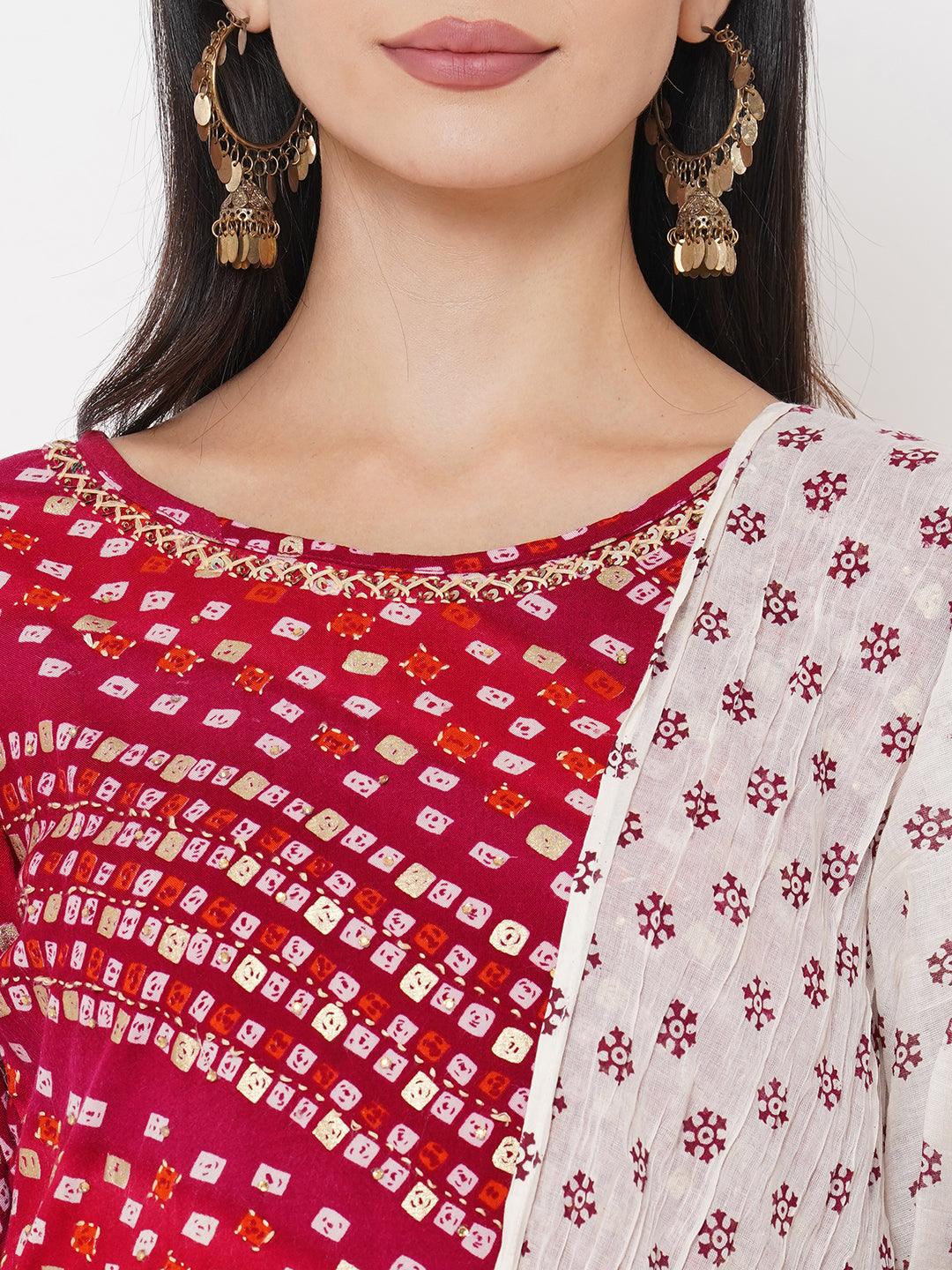 Bandhani Printed & Embroidered Kurta with Ethnic Printed Skirt & Ethnic Printed Dupatta - Carmine Red - Indiakreations