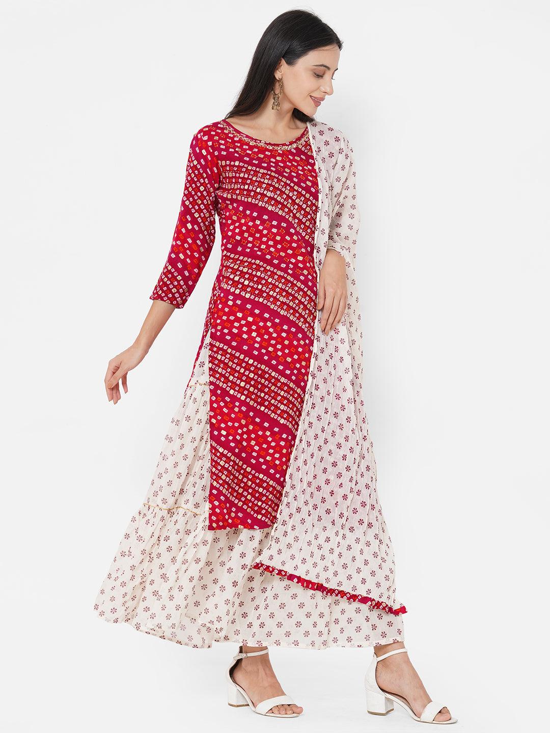 Bandhani Printed & Embroidered Kurta with Ethnic Printed Skirt & Ethnic Printed Dupatta - Carmine Red - Indiakreations