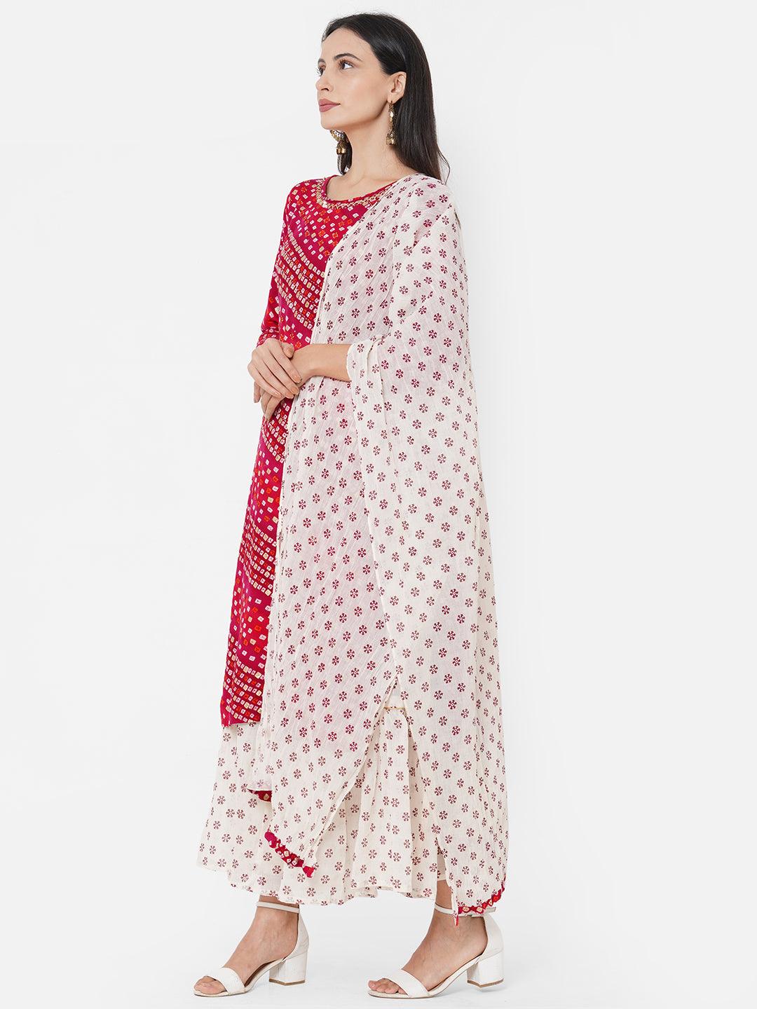 Bandhani Printed & Embroidered Kurta with Ethnic Printed Skirt & Ethnic Printed Dupatta - Carmine Red - Indiakreations