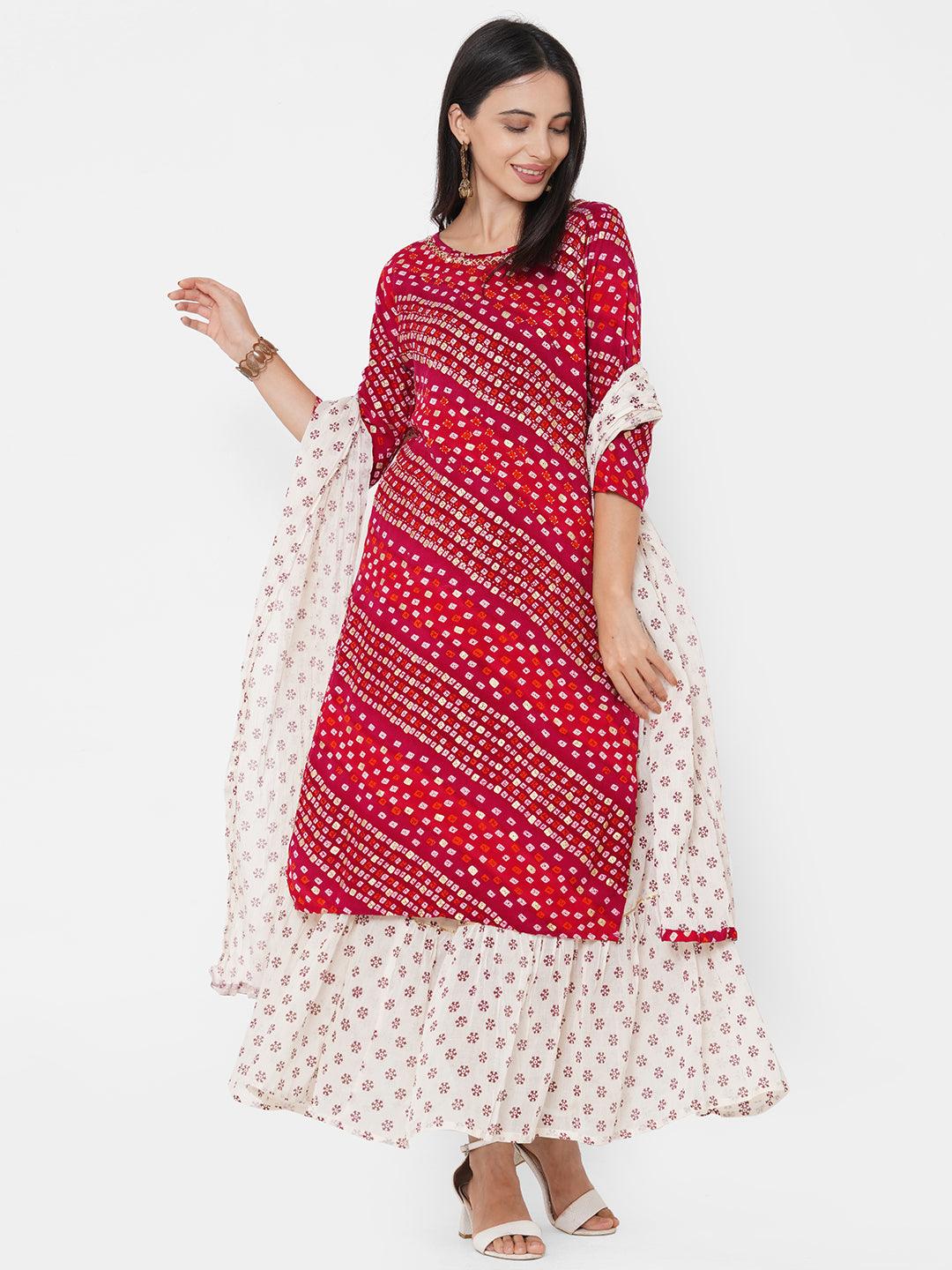 Bandhani Printed & Embroidered Kurta with Ethnic Printed Skirt & Ethnic Printed Dupatta - Carmine Red - Indiakreations