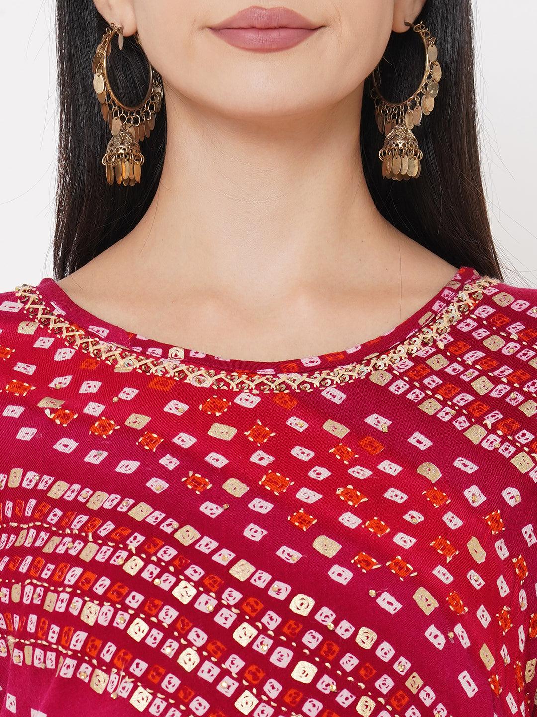 Bandhani Printed & Embroidered Kurta with Ethnic Printed Skirt & Ethnic Printed Dupatta - Carmine Red - Indiakreations