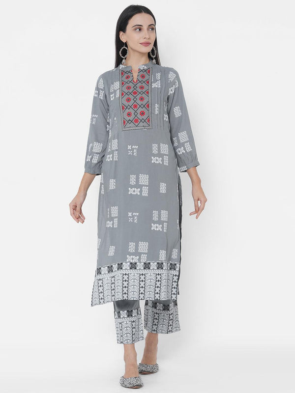 Ethnic Printed Kurta with Ethnic Printed Palazzo - Grey - Indiakreations