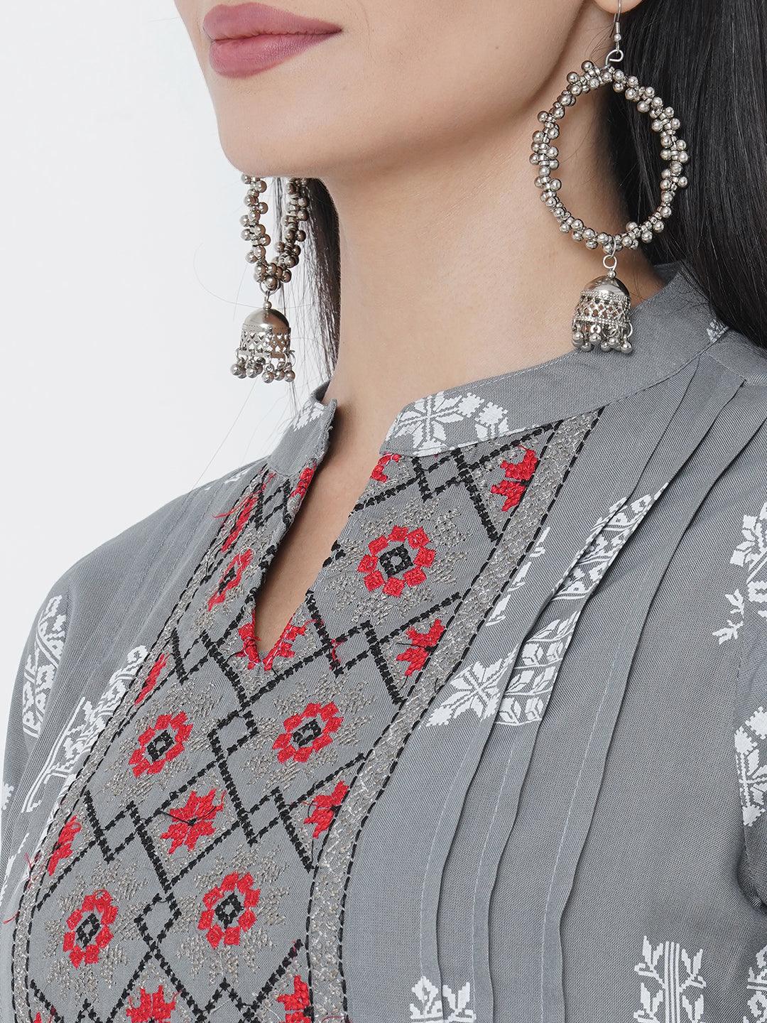 Ethnic Printed Kurta with Ethnic Printed Palazzo - Grey - Indiakreations