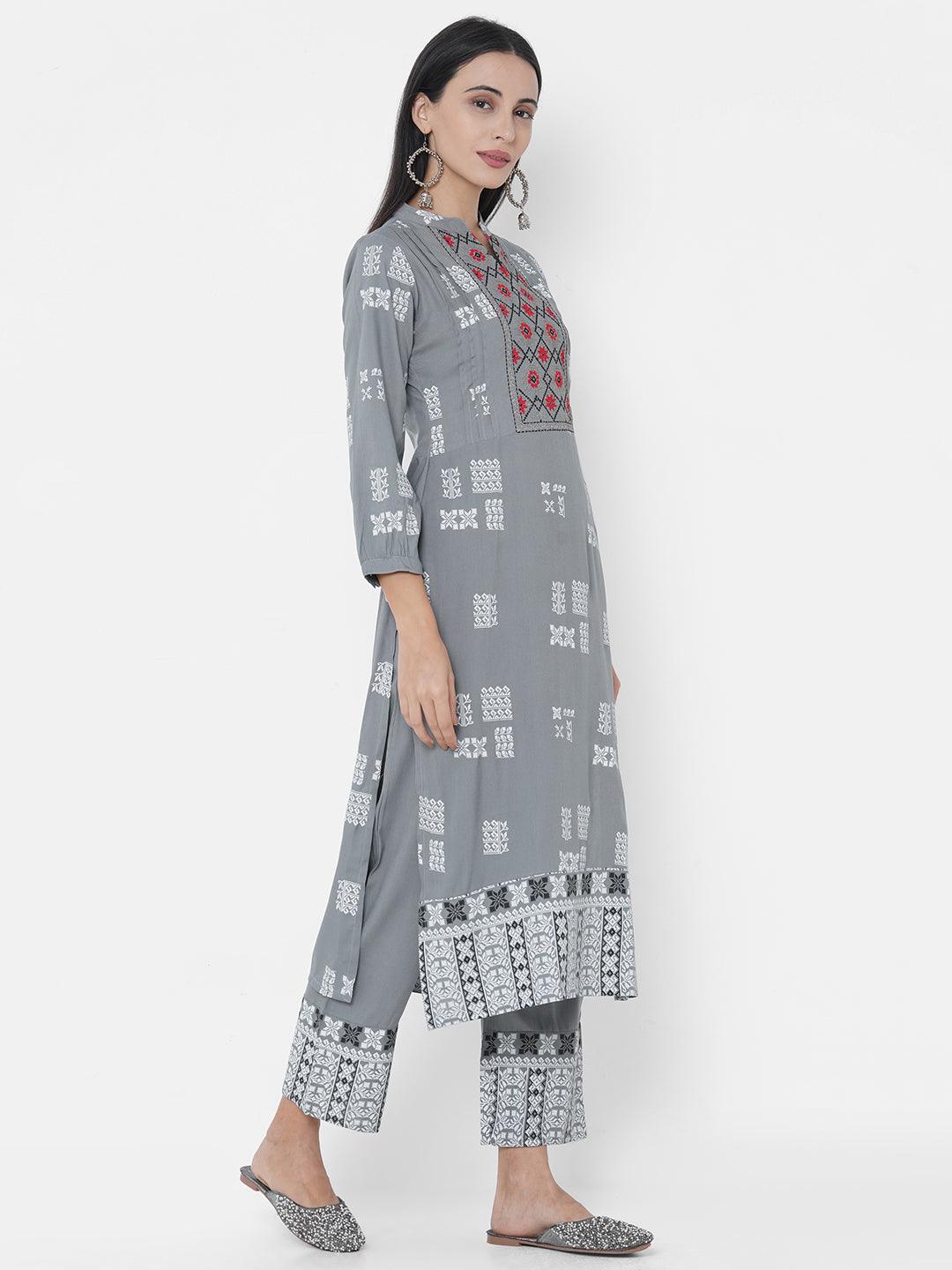 Ethnic Printed Kurta with Ethnic Printed Palazzo - Grey - Indiakreations