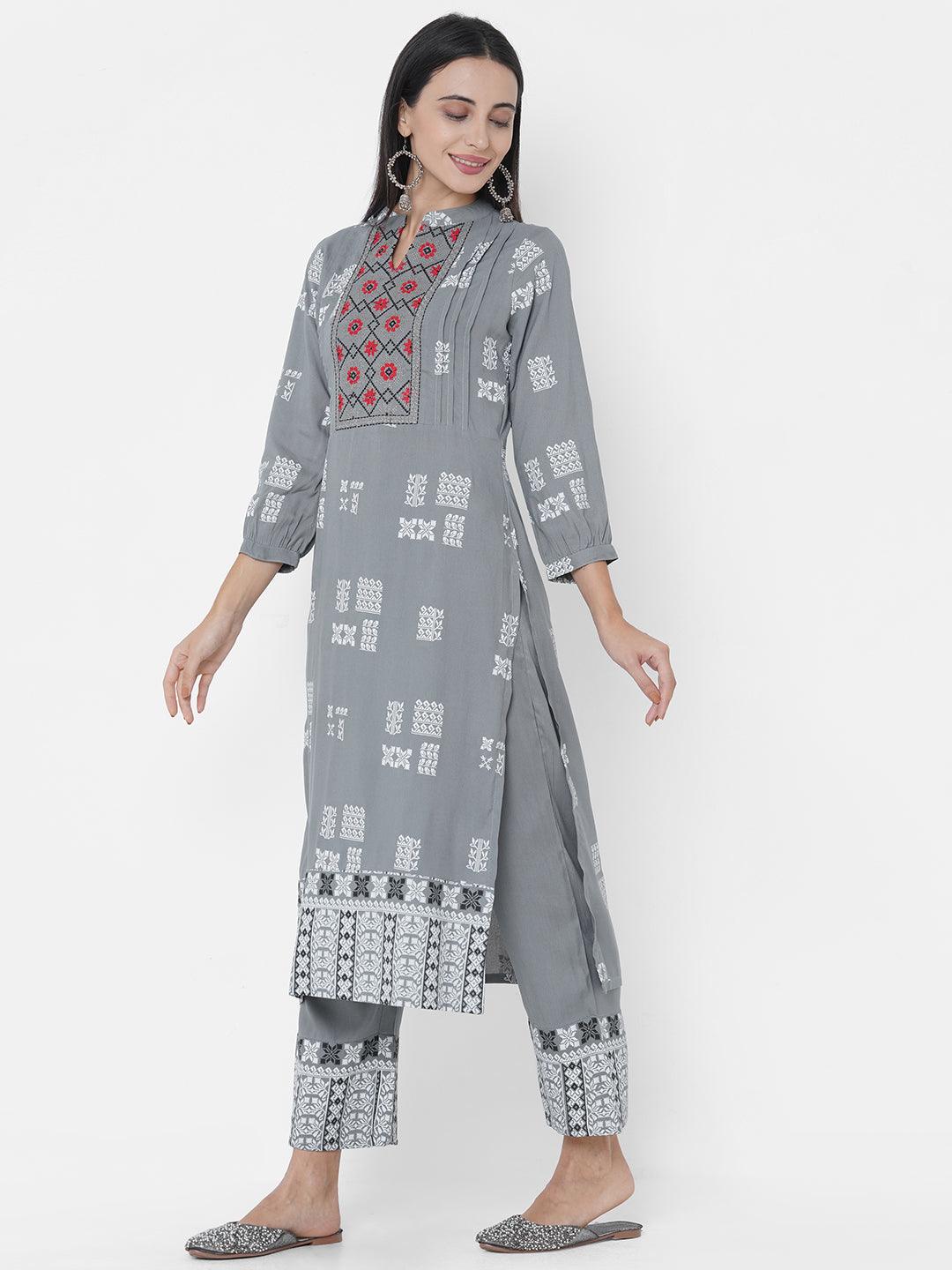 Ethnic Printed Kurta with Ethnic Printed Palazzo - Grey - Indiakreations