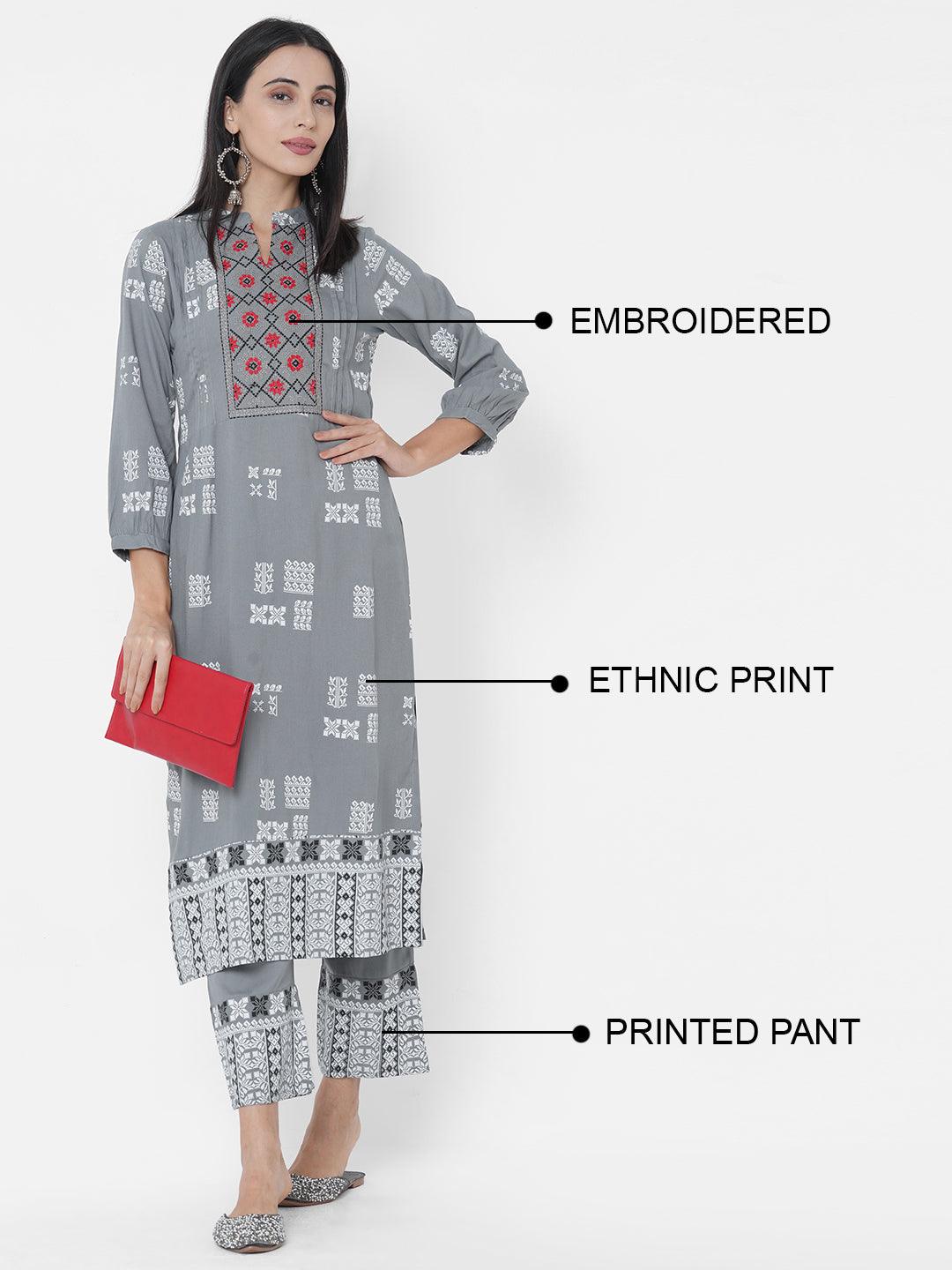 Ethnic Printed Kurta with Ethnic Printed Palazzo - Grey - Indiakreations