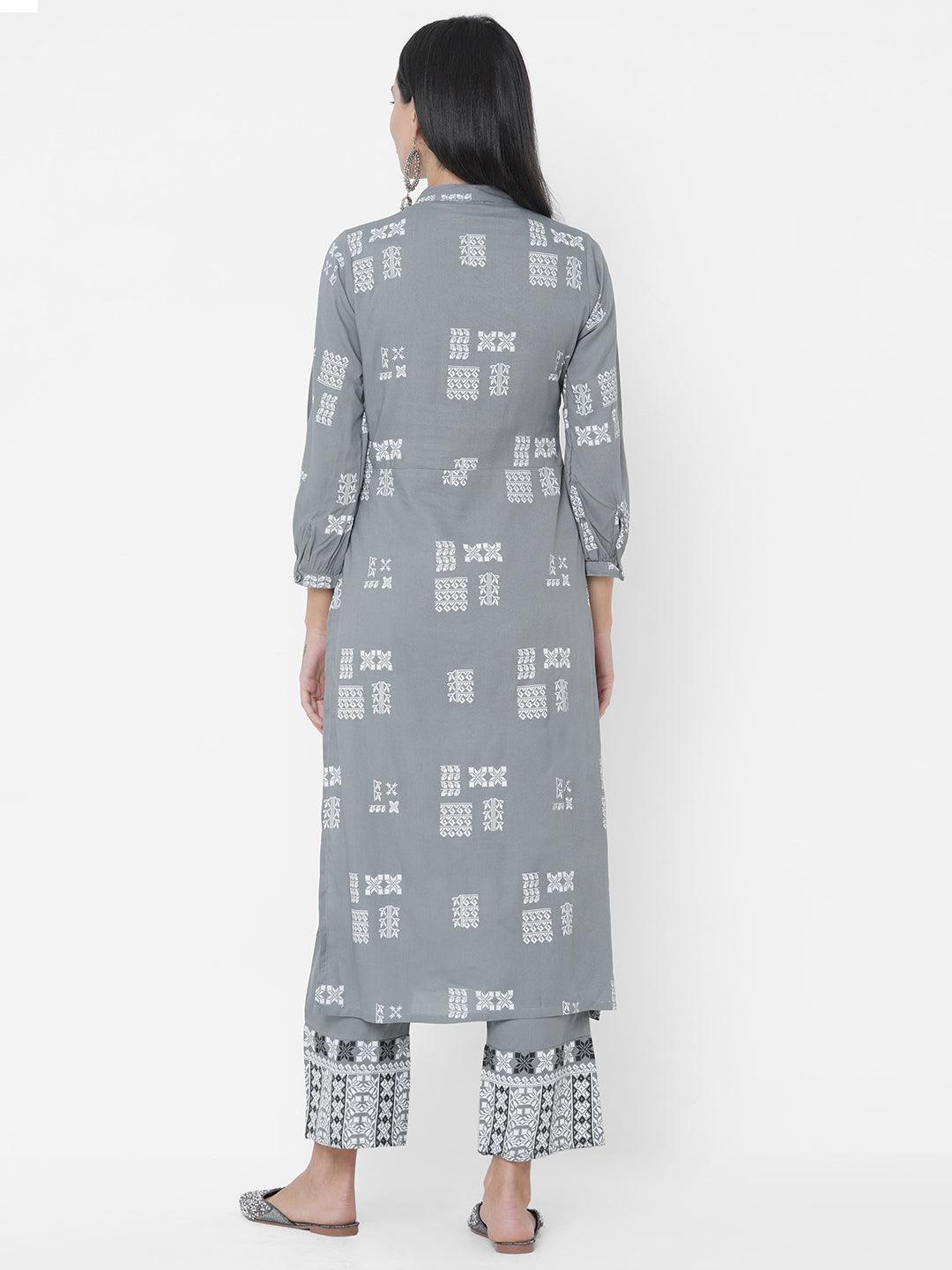 Ethnic Printed Kurta with Ethnic Printed Palazzo - Grey - Indiakreations