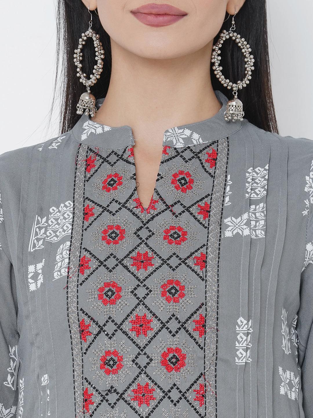 Ethnic Printed Kurta with Ethnic Printed Palazzo - Grey - Indiakreations