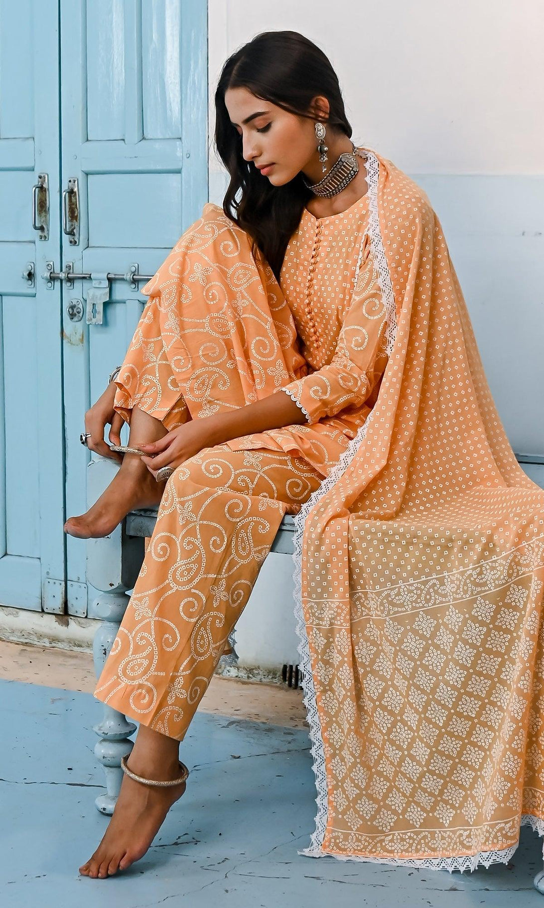 Zahrah 2.0 Orange yoke kurta set - set of 3 - Indiakreations