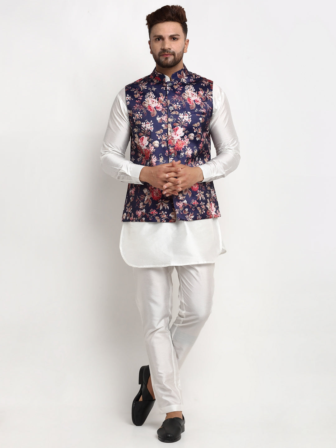 Men's Silk Blend White Kurta With Pyjama & Navy Blue Printed Nehru Jacket - Benstoke