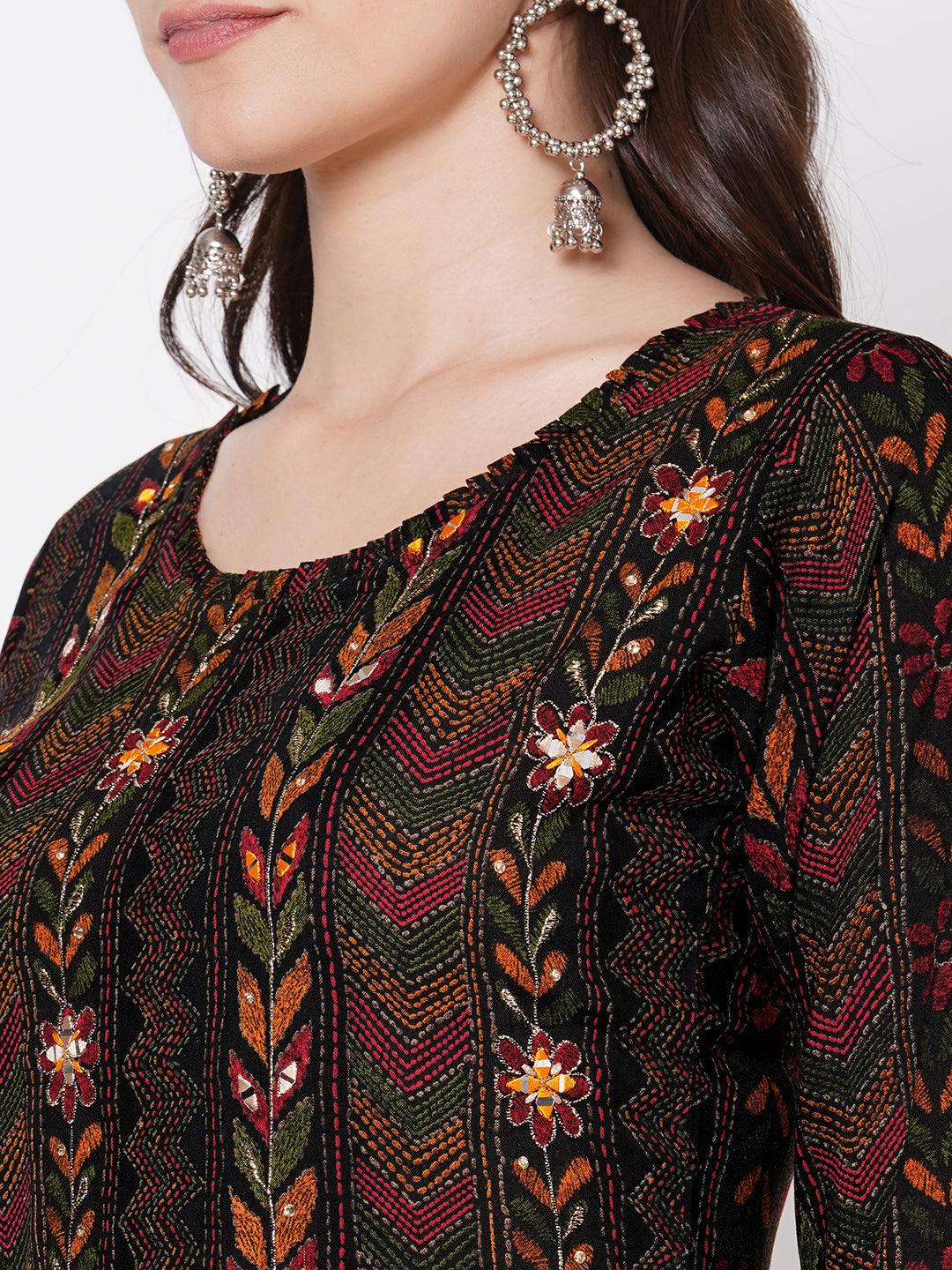 Dense kantha Printed & Hand Embroidered Kurta - Black - Indiakreations