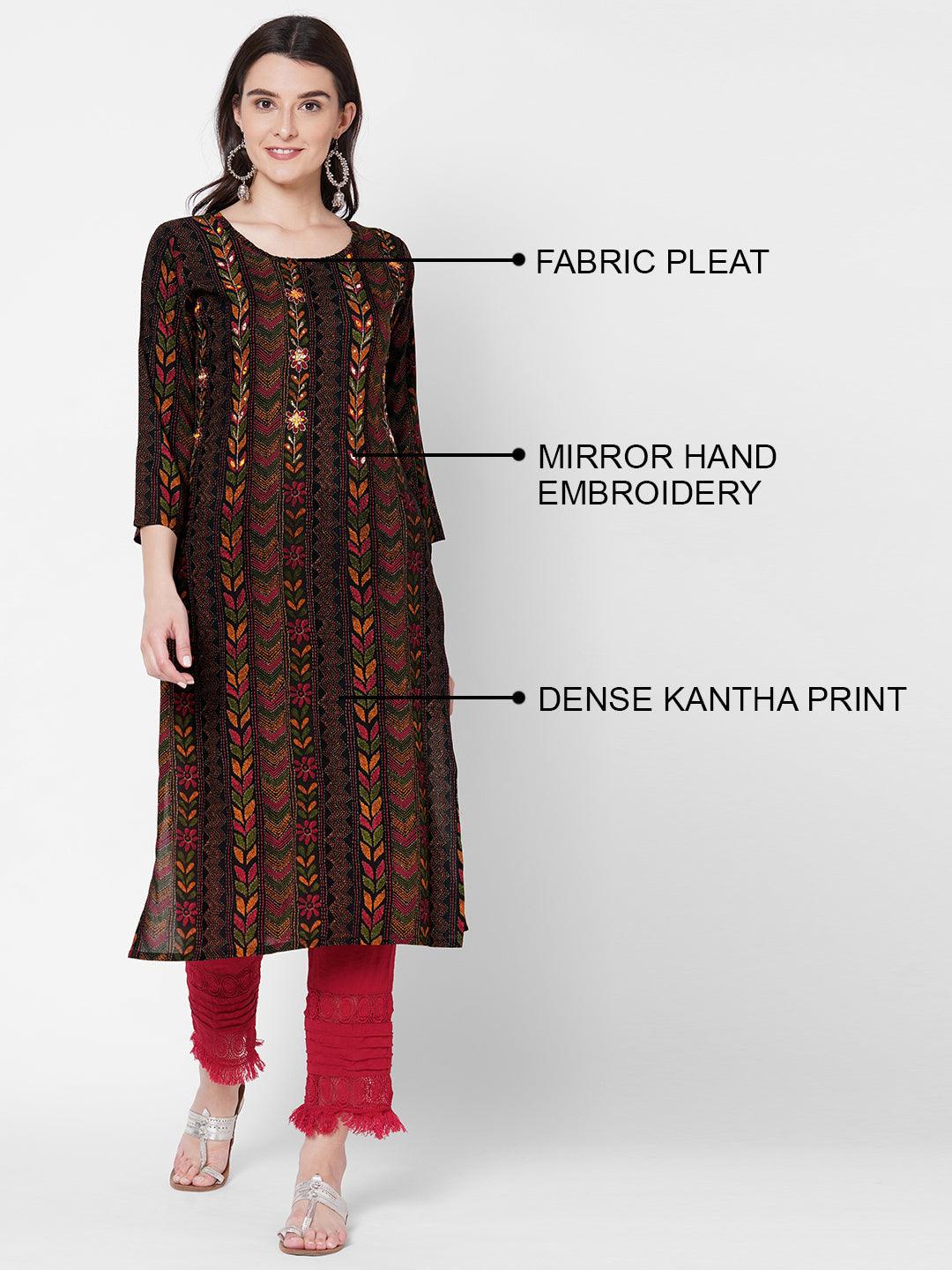 Dense kantha Printed & Hand Embroidered Kurta - Black - Indiakreations