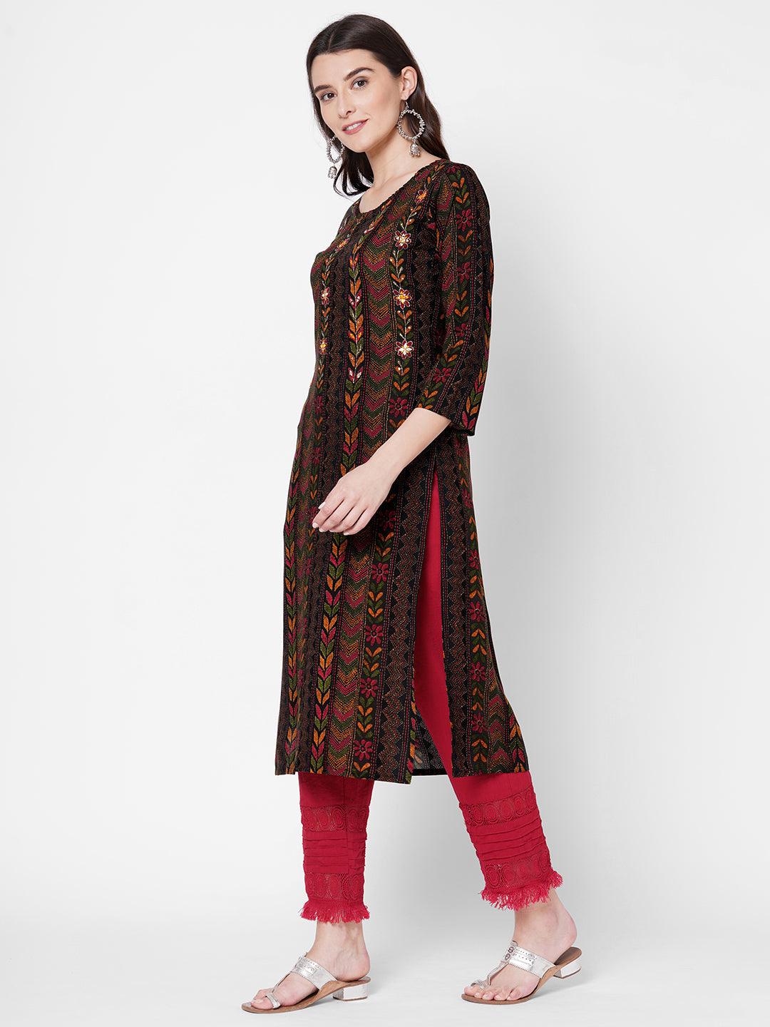 Dense kantha Printed & Hand Embroidered Kurta - Black - Indiakreations