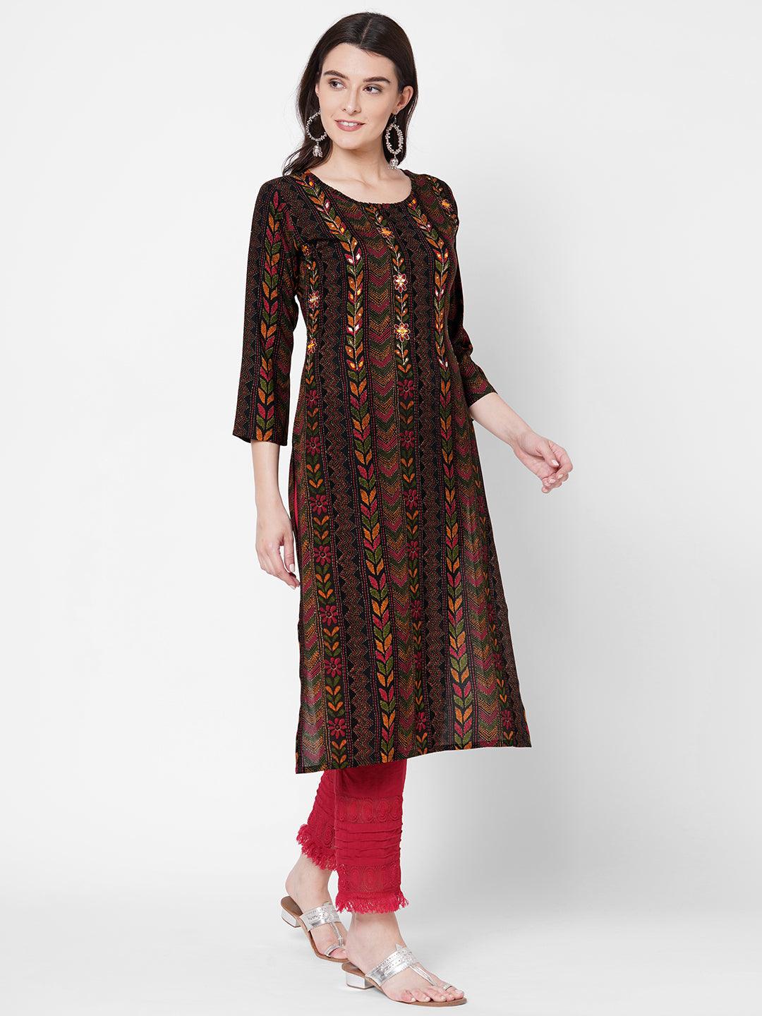 Dense kantha Printed & Hand Embroidered Kurta - Black - Indiakreations