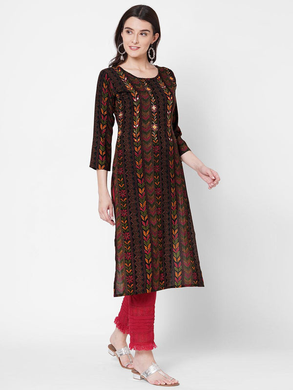 Dense kantha Printed & Hand Embroidered Kurta - Black - Indiakreations