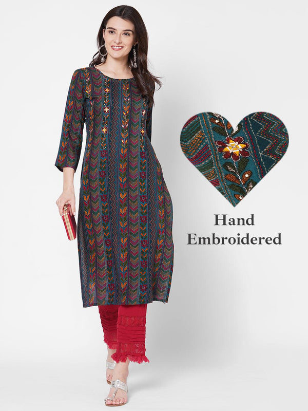 Dense kantha Printed & Hand Embroidered Kurta - Blue - Indiakreations