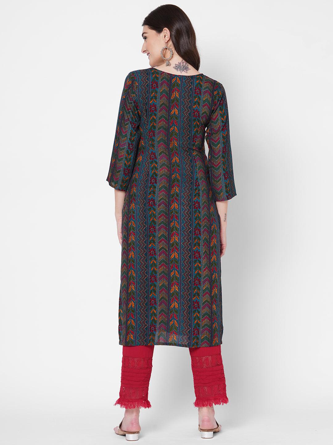 Dense kantha Printed & Hand Embroidered Kurta - Blue - Indiakreations