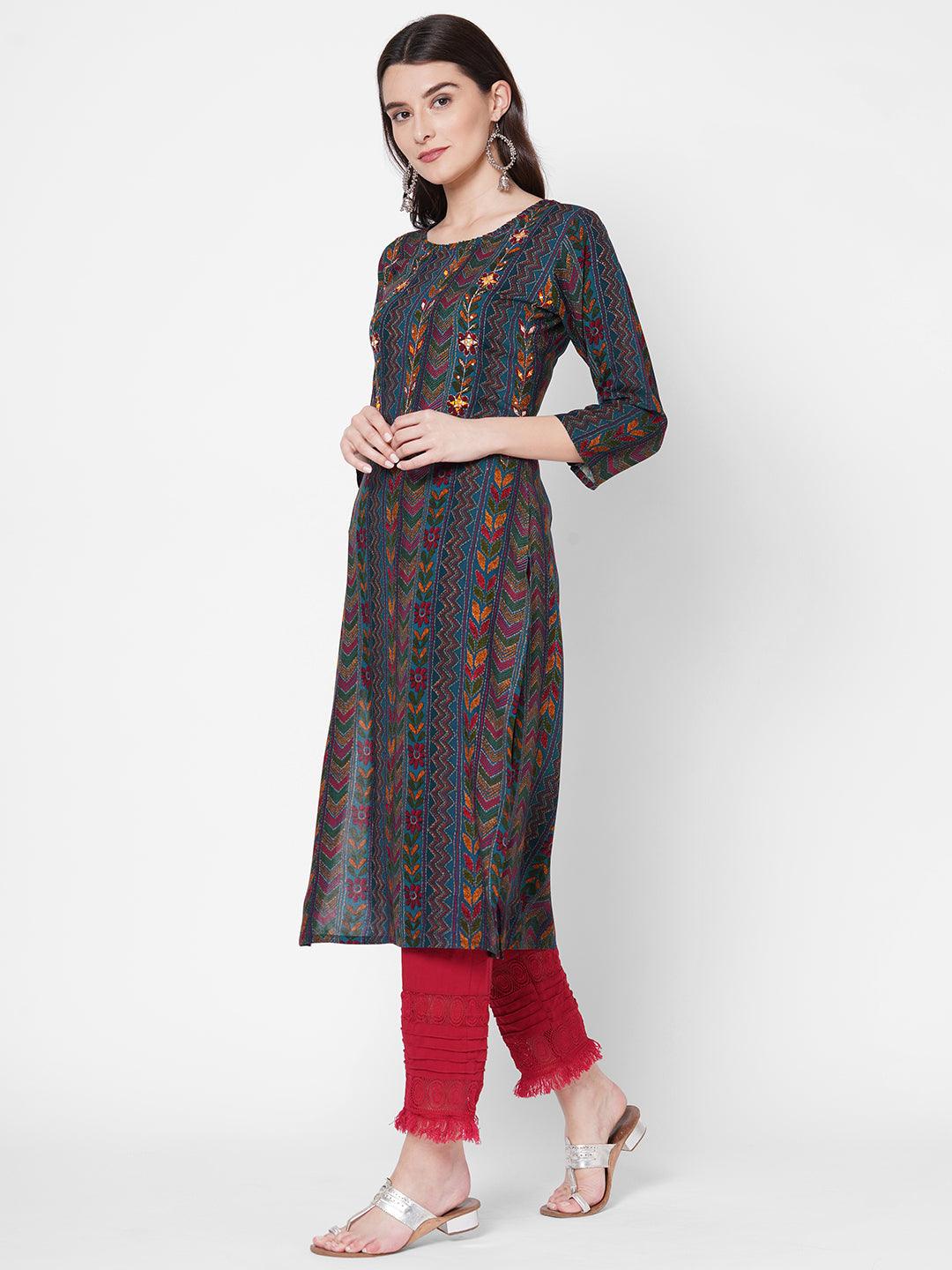 Dense kantha Printed & Hand Embroidered Kurta - Blue - Indiakreations