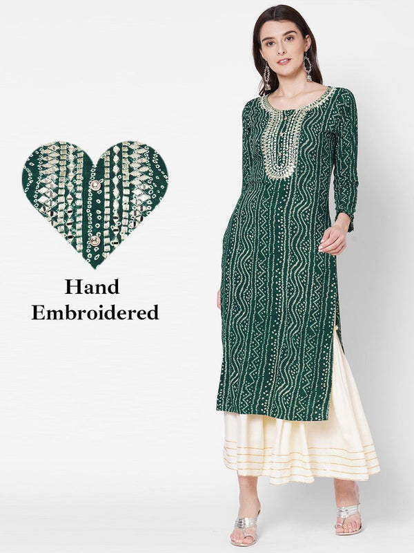 Dense Bandhani Printed & Hand Embroidered Kurta - Bottle Green - Indiakreations