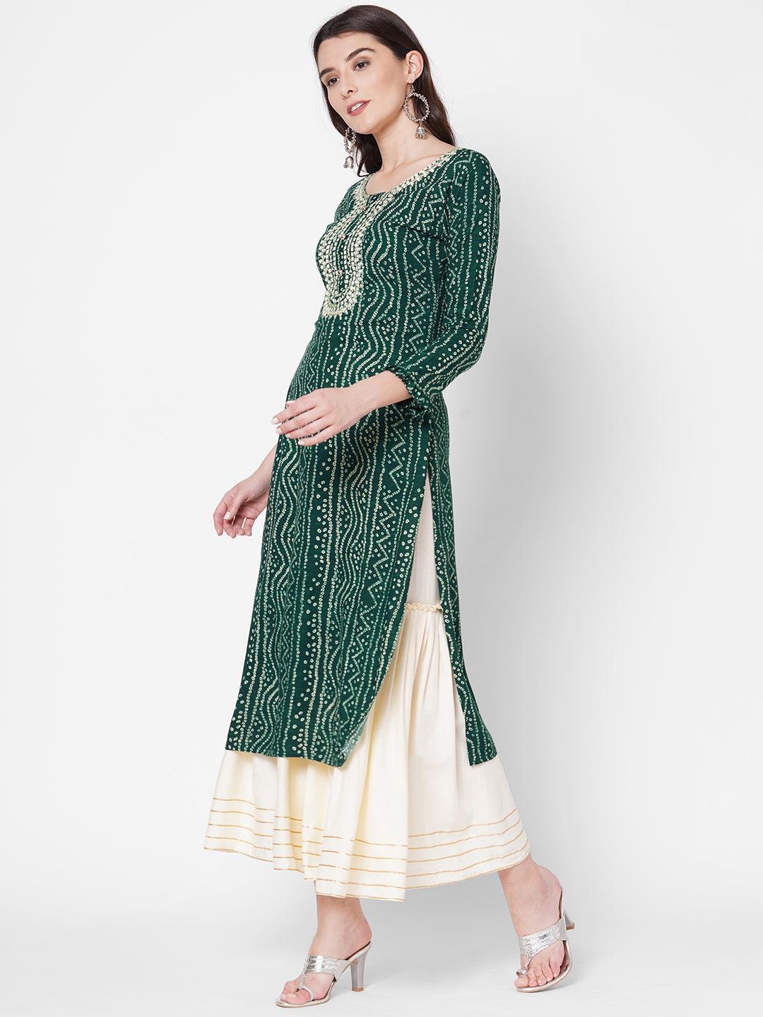 Dense Bandhani Printed & Hand Embroidered Kurta - Bottle Green - Indiakreations