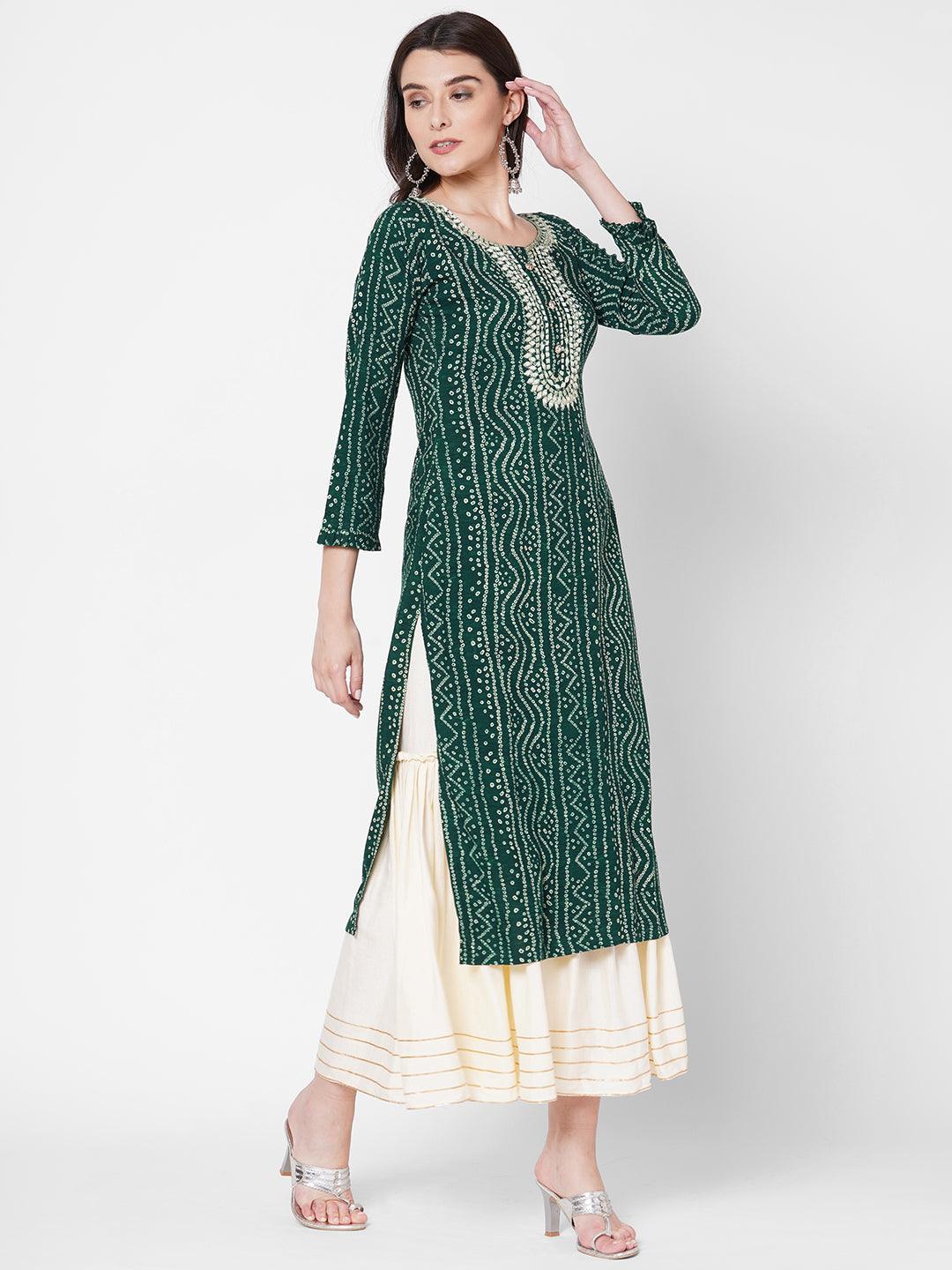 Dense Bandhani Printed & Hand Embroidered Kurta - Bottle Green - Indiakreations