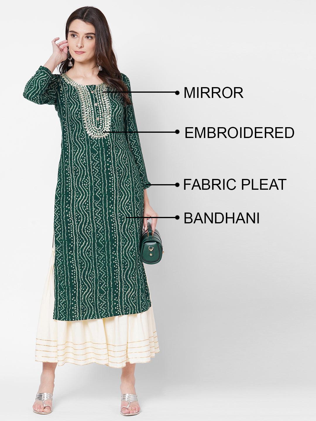 Dense Bandhani Printed & Hand Embroidered Kurta - Bottle Green - Indiakreations