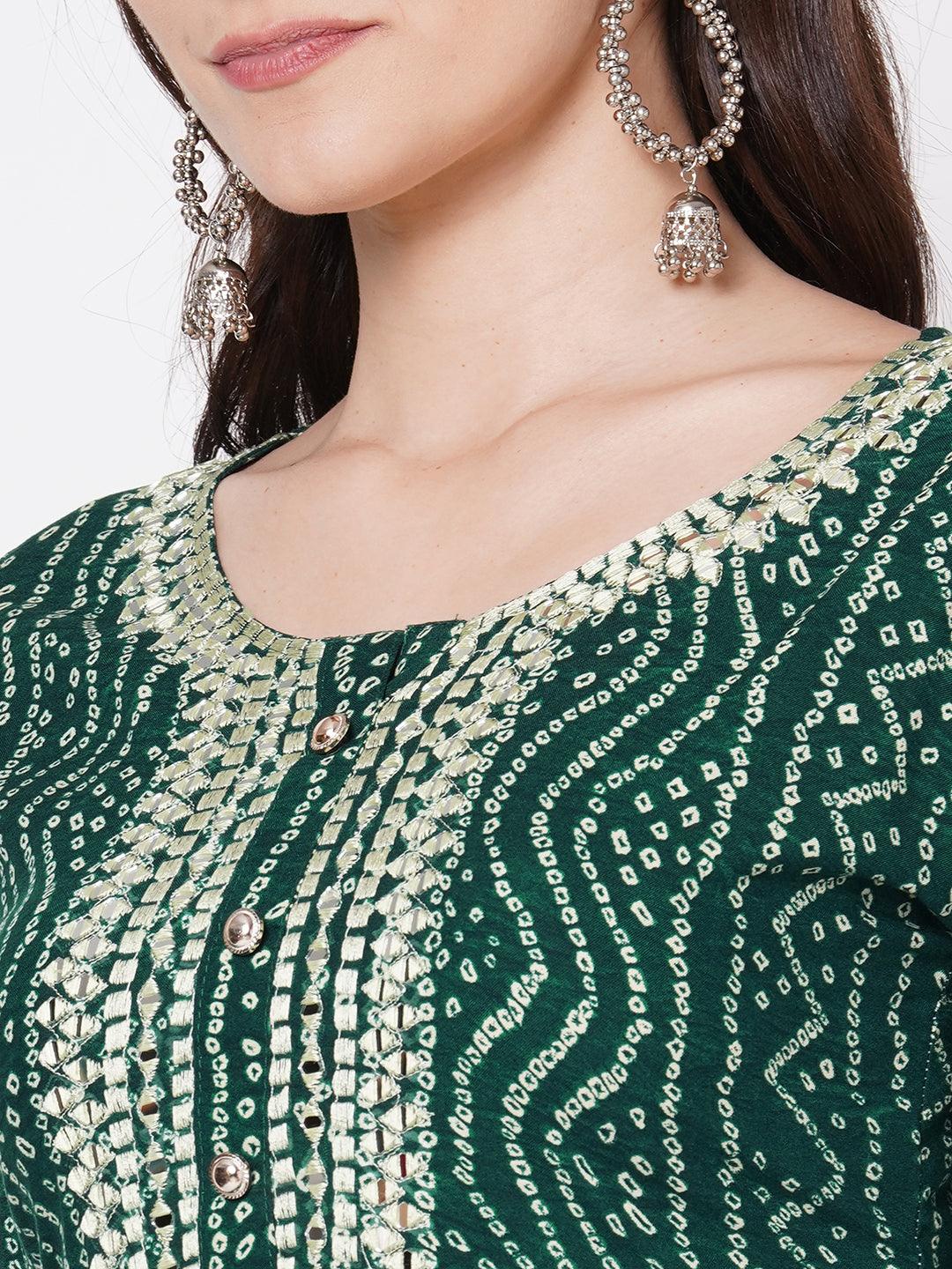 Dense Bandhani Printed & Hand Embroidered Kurta - Bottle Green - Indiakreations