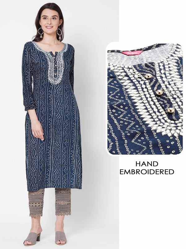 Dense Bandhani Printed & Hand Embroidered Kurta - Navy Blue - Indiakreations