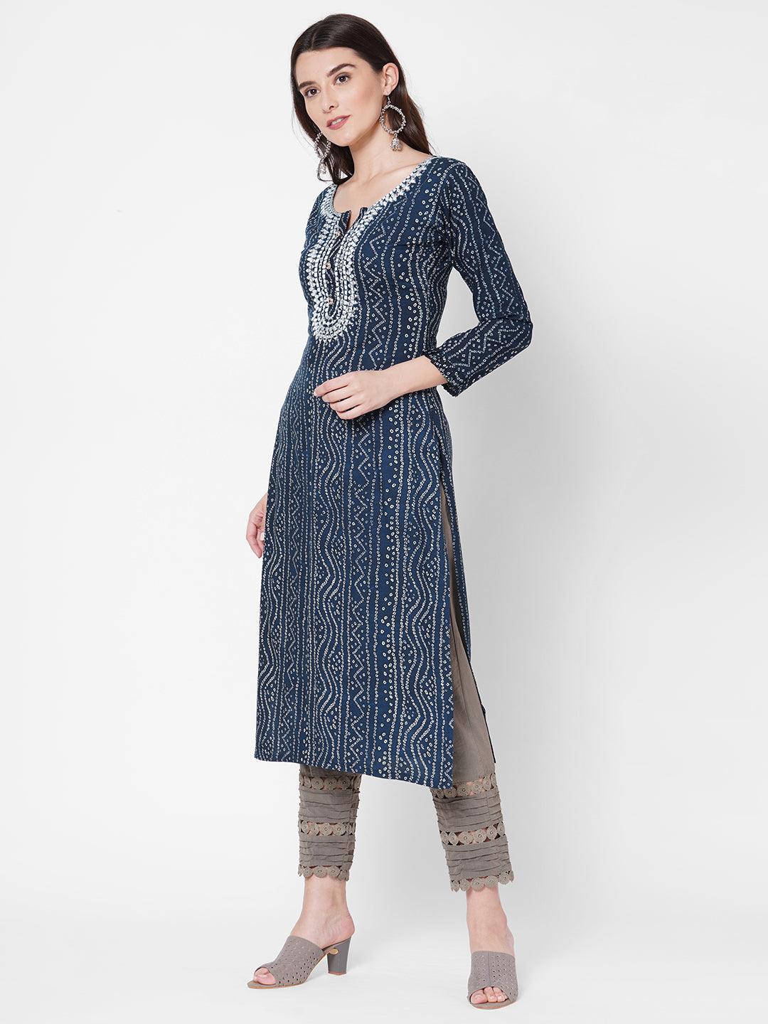 Dense Bandhani Printed & Hand Embroidered Kurta - Navy Blue - Indiakreations