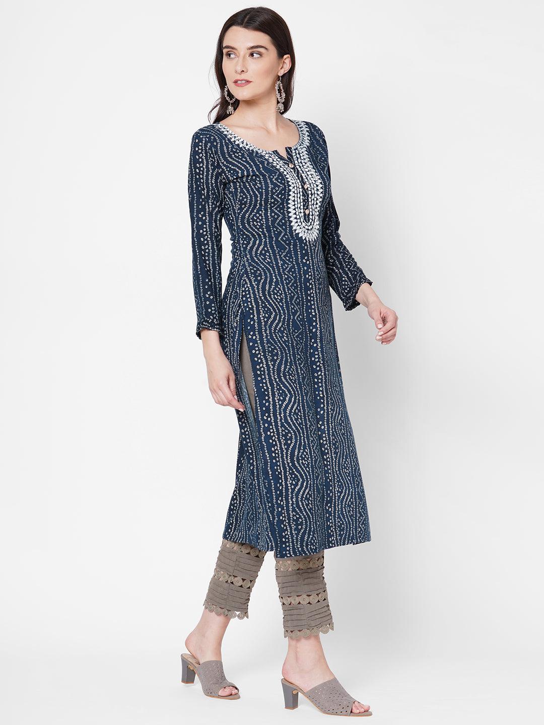 Dense Bandhani Printed & Hand Embroidered Kurta - Navy Blue - Indiakreations