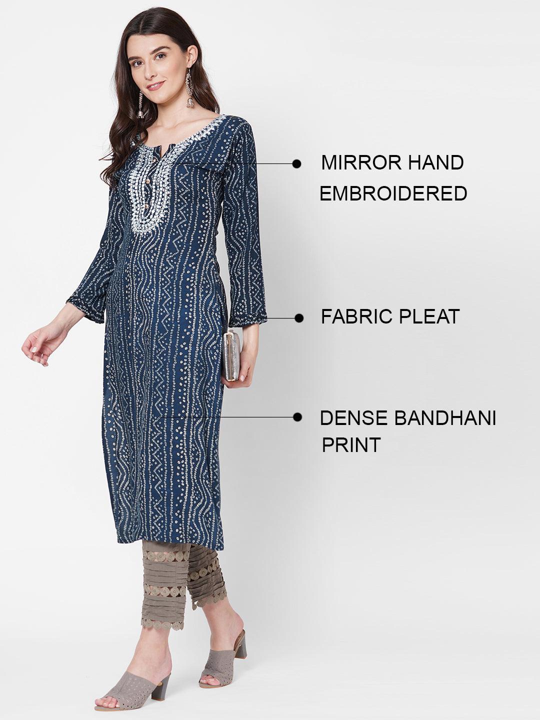 Dense Bandhani Printed & Hand Embroidered Kurta - Navy Blue - Indiakreations