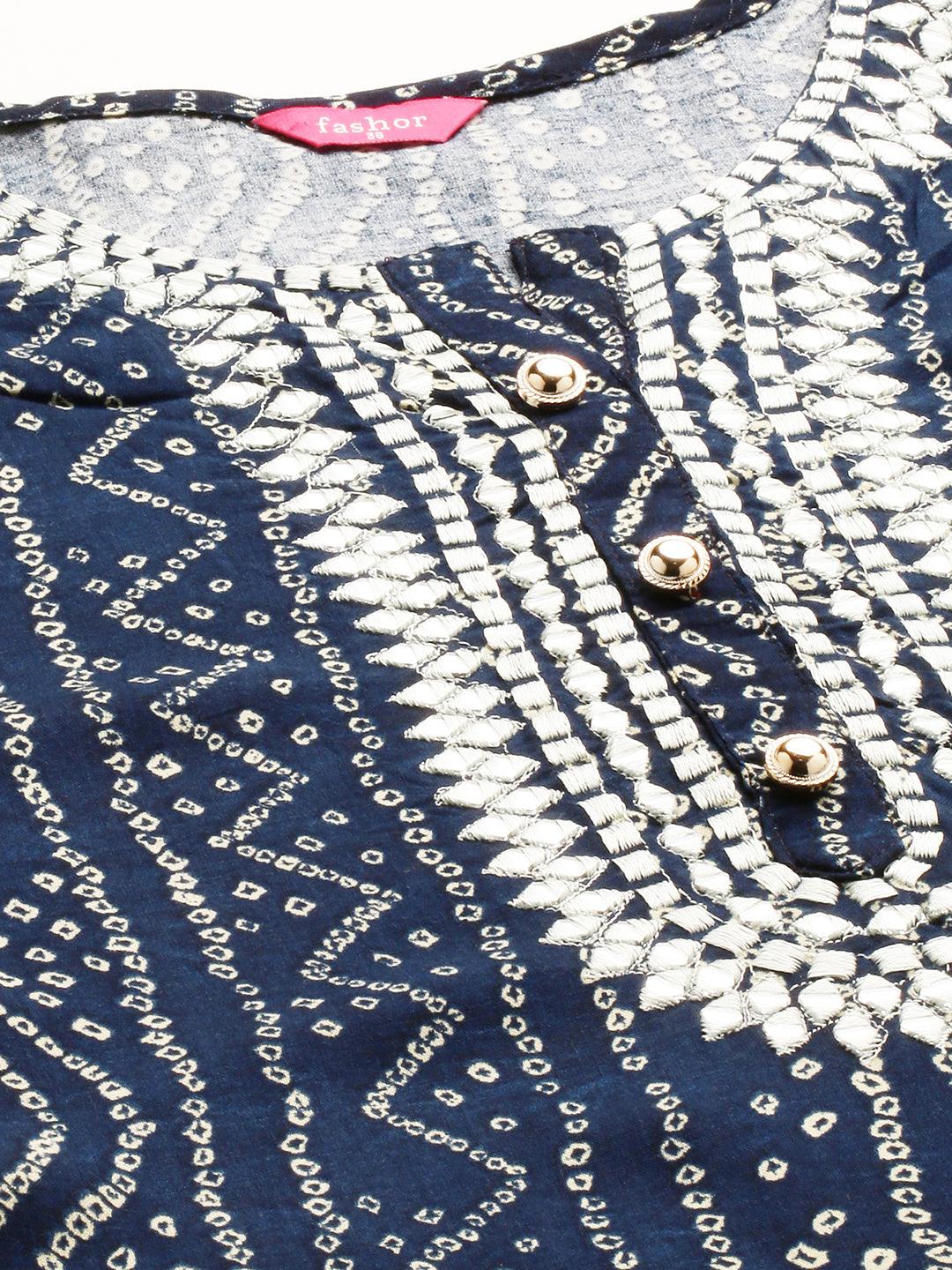 Dense Bandhani Printed & Hand Embroidered Kurta - Navy Blue - Indiakreations