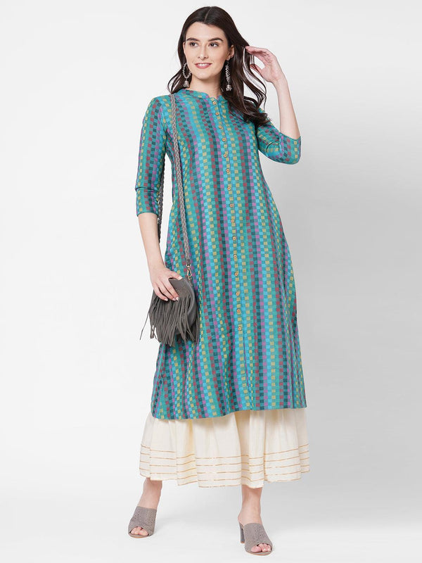 Checks Woven A-Line Kurta - Multi - Indiakreations