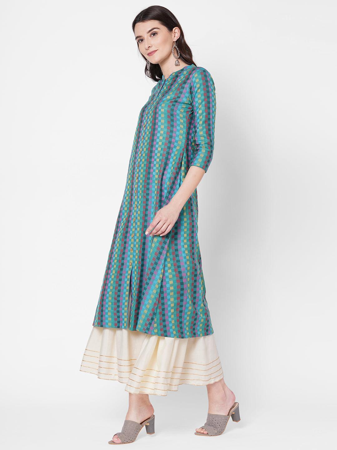 Checks Woven A-Line Kurta - Multi - Indiakreations