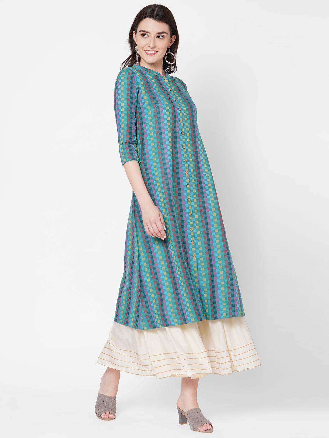 Checks Woven A-Line Kurta - Multi - Indiakreations