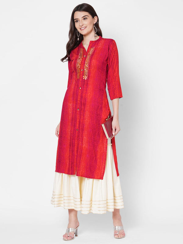 Tie-Dye Printed & Hand Embroidered Straight Kurta - Red - Indiakreations