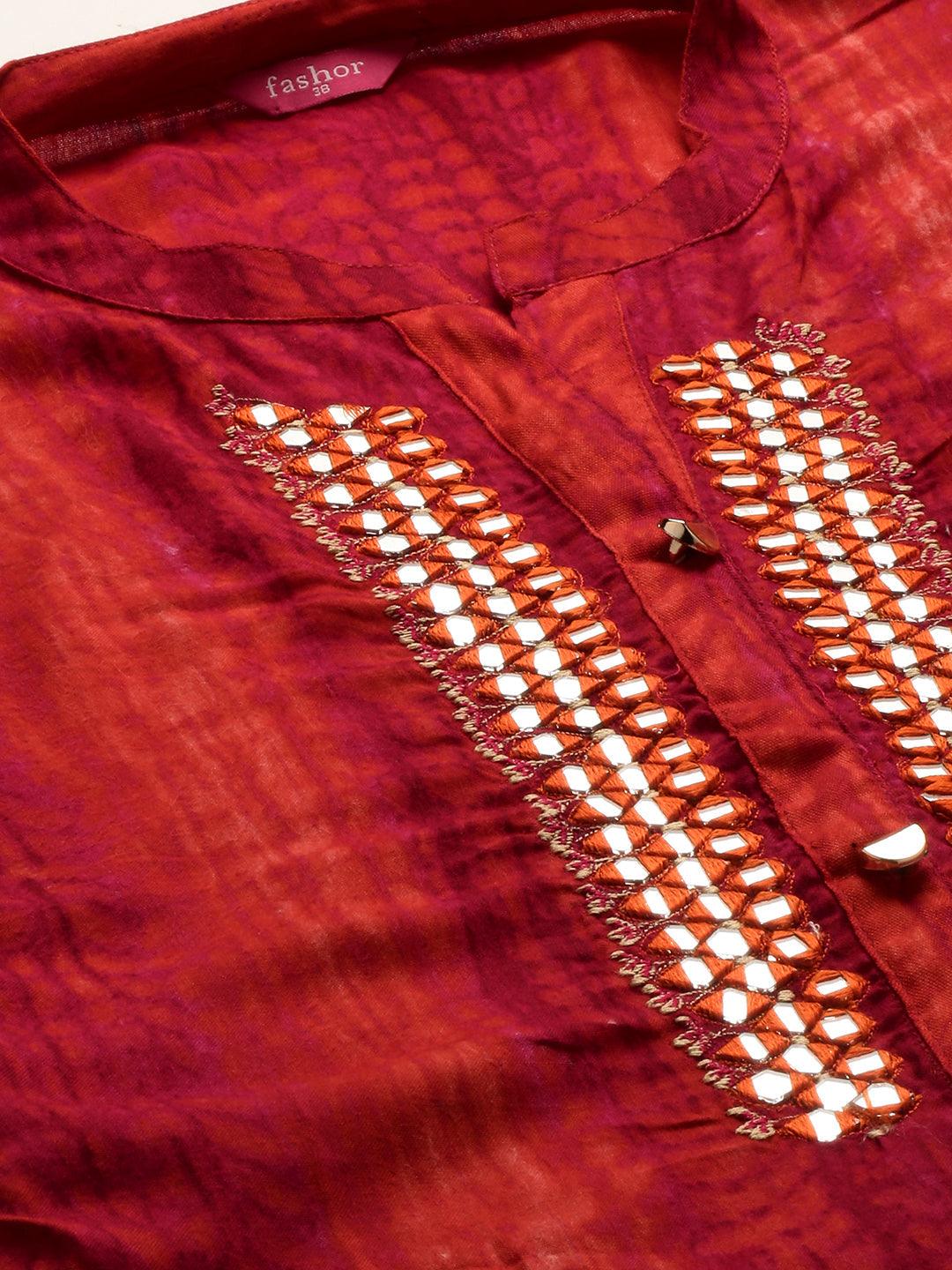 Tie-Dye Printed & Hand Embroidered Straight Kurta - Red - Indiakreations