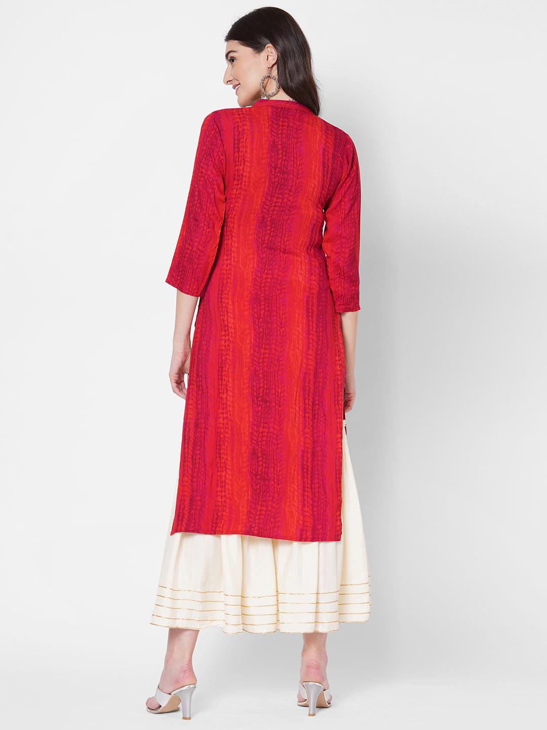 Tie-Dye Printed & Hand Embroidered Straight Kurta - Red - Indiakreations