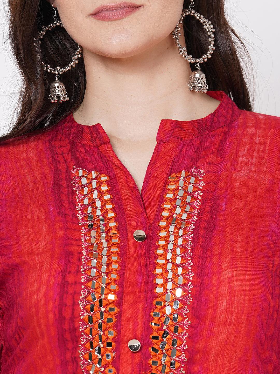 Tie-Dye Printed & Hand Embroidered Straight Kurta - Red - Indiakreations